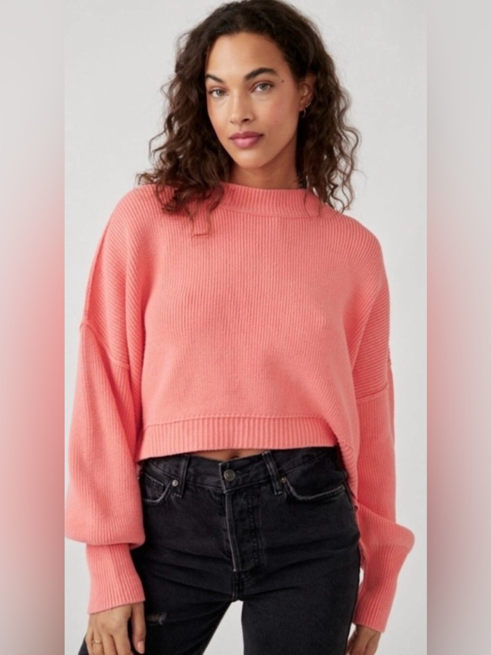 Free People Easy Street Ribbed Boxy Cropped Sweater Coral Pink Oversized S Boho